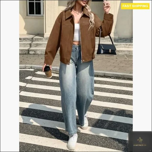 Faux Suede Motorcycle Jacket Oversized Zip Up Bomber Coat Women's Outerwear - Picture 6 of 7